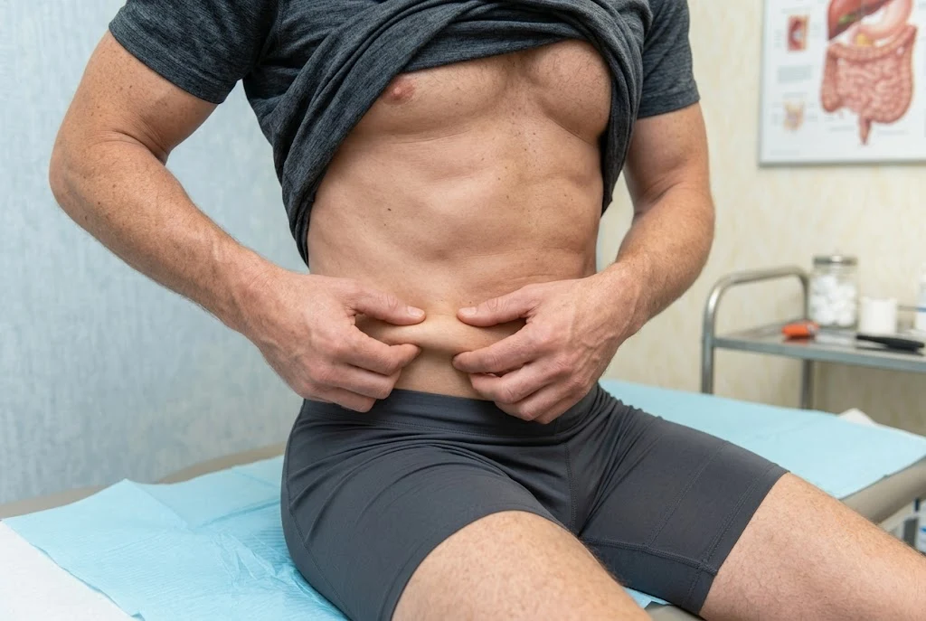 Pinch test showing stubborn flank fat that resists diet and exercise
