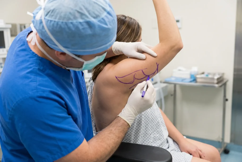 Surgeon marking contour lines on an upper arm before arm liposuction in Tampa