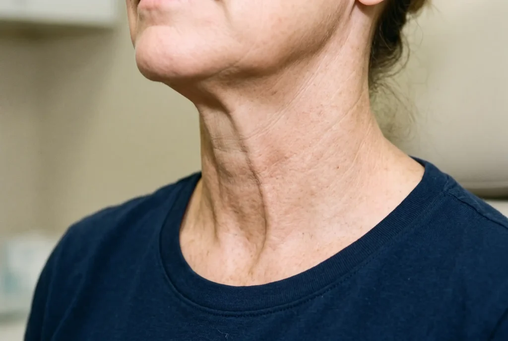 Visible neck muscle bands that neck liposuction can expose in loose skin