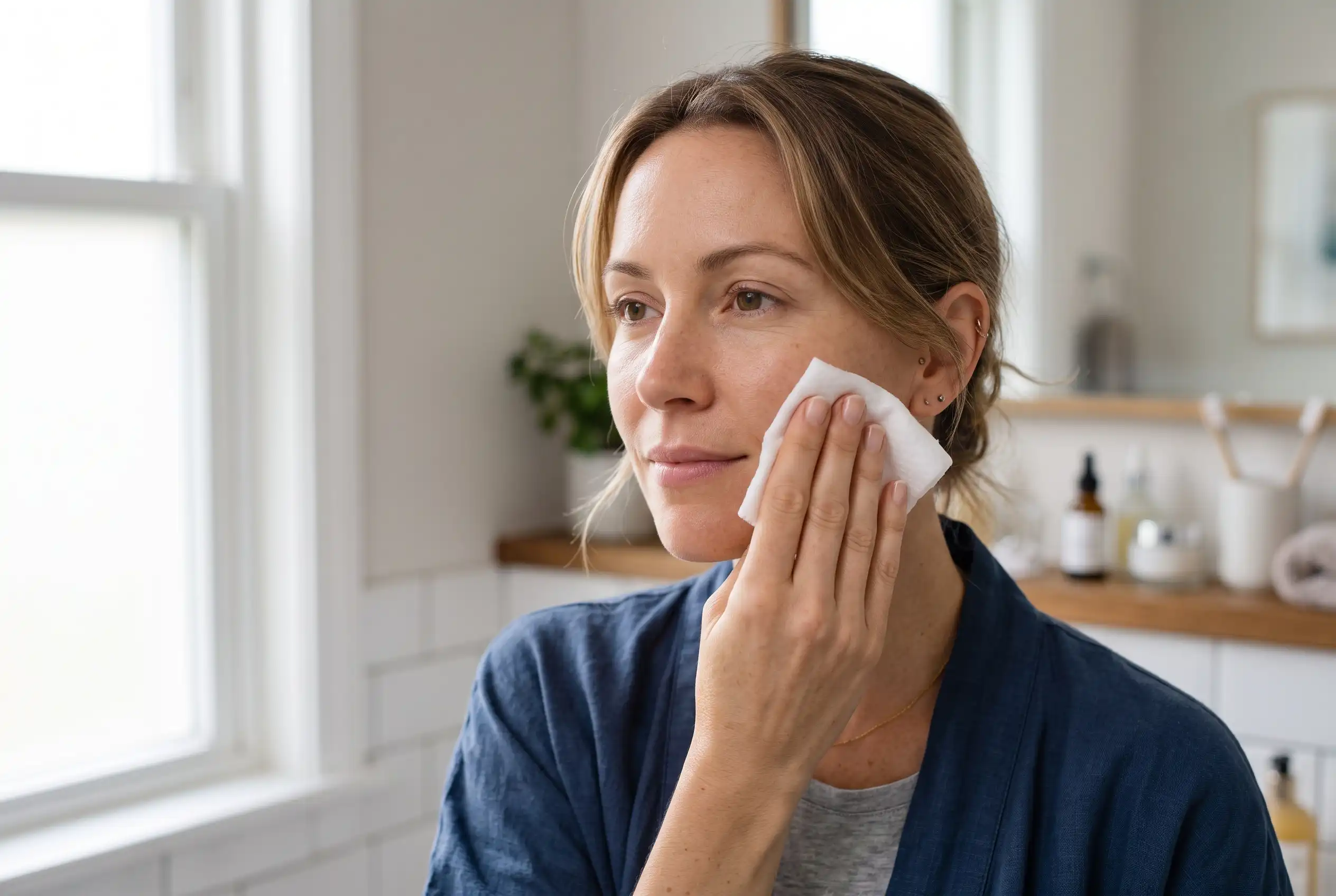 Person gently cleaning face with a wipe instead of washing face after fillers