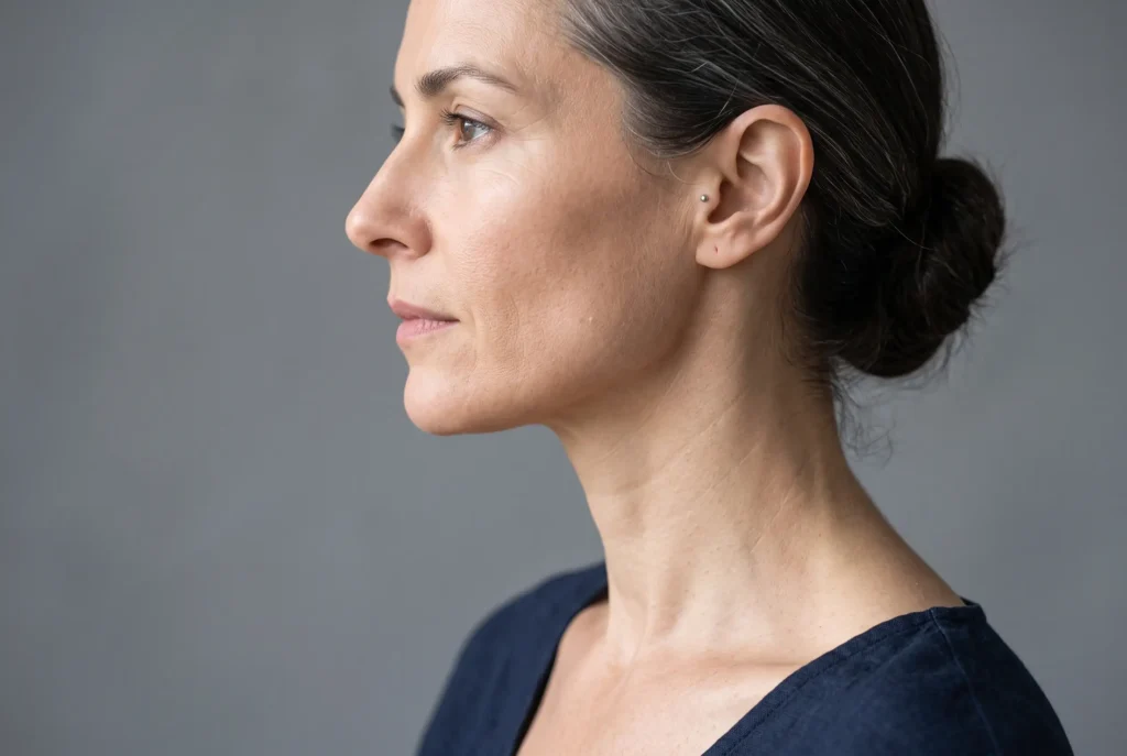 Defined jawline and neck profile illustrating Botox after FaceTite timing