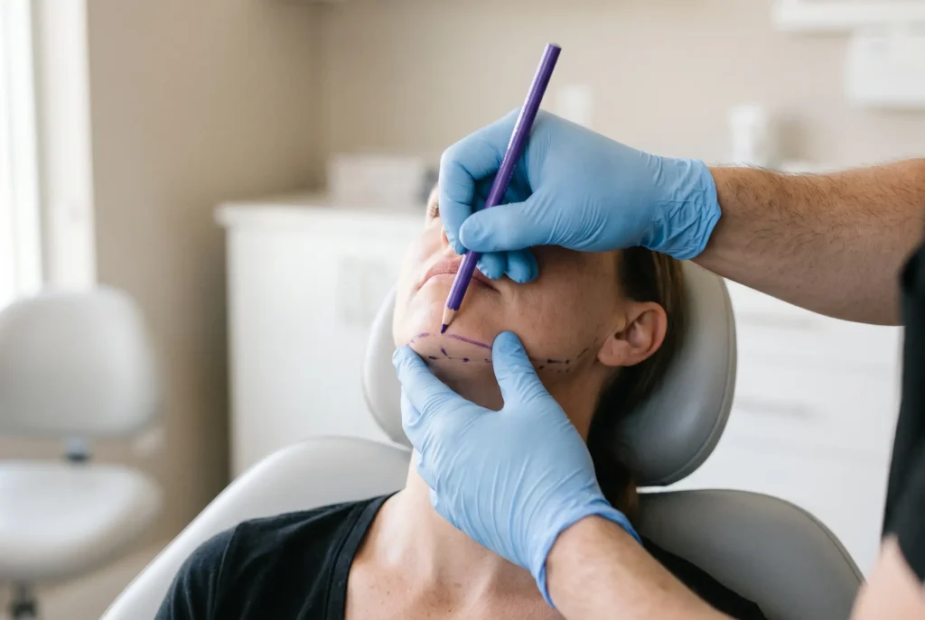 Pre-treatment jawline marking before filler placement at Formation in Tampa