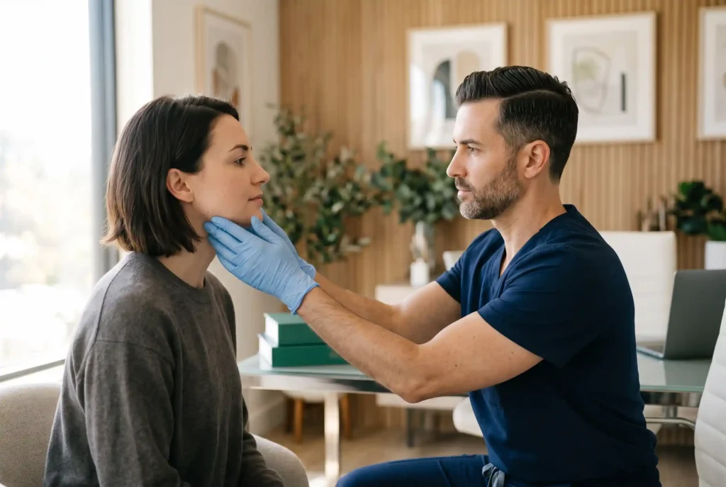Surgeon assessing a patient's jawline and neck during a neck liposuction candidacy consultation
