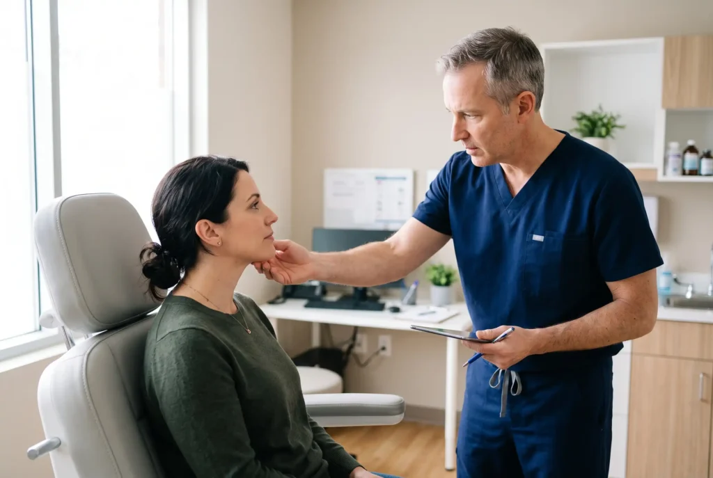 Surgeon checking the jaw profile for submandibular gland fullness during a neck consultation in Tampa