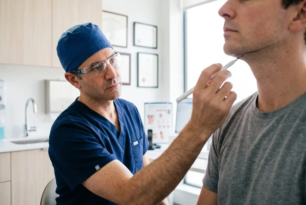 Surgeon marking a patient's jawline during a neck and jawline assessment before FaceTite