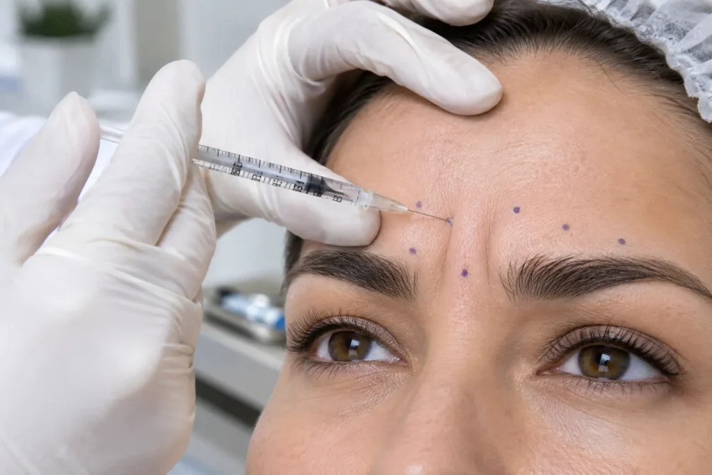 Clinician placing Botox in the frown lines that crease dynamic wrinkles