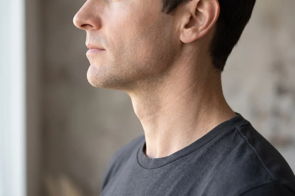 Defined male jawline and neck profile after neck liposuction near Spring Hill