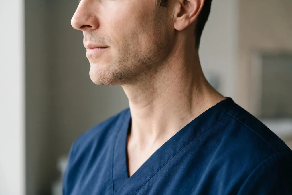 Defined male jawline and neck profile illustrating how long MyEllevate lasts in Tampa