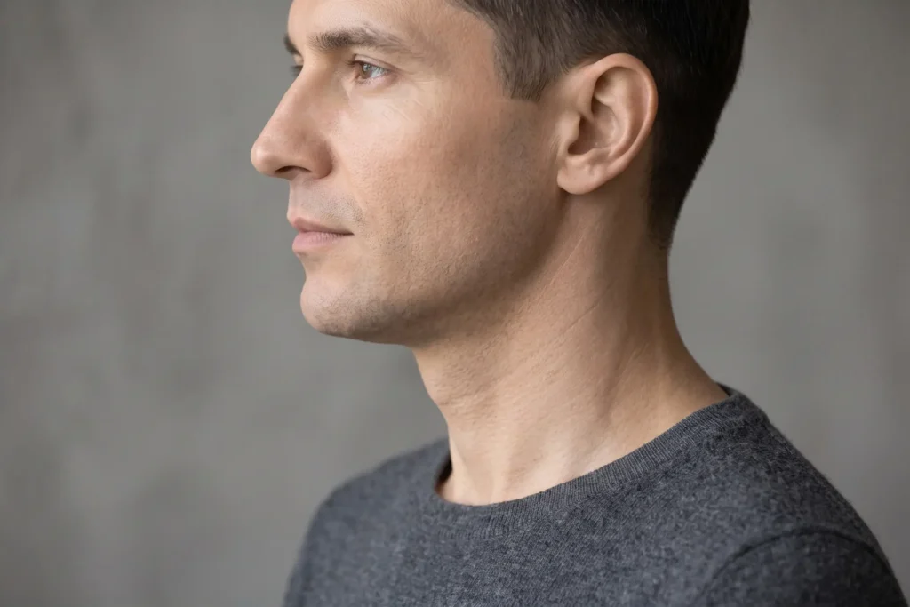 Firm jawline and neck profile illustrating how long Renuvion skin tightening lasts