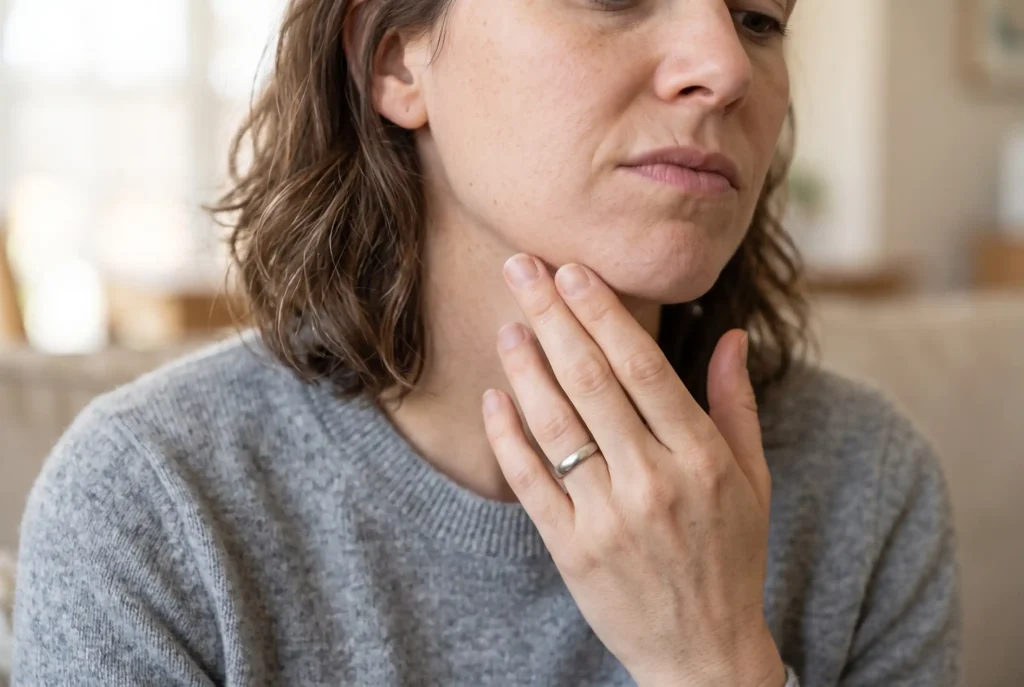 Hand near the jaw showing why not to massage jawline filler
