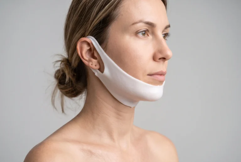 Close-up of a jawline slimming mask compressing the chin and jaw