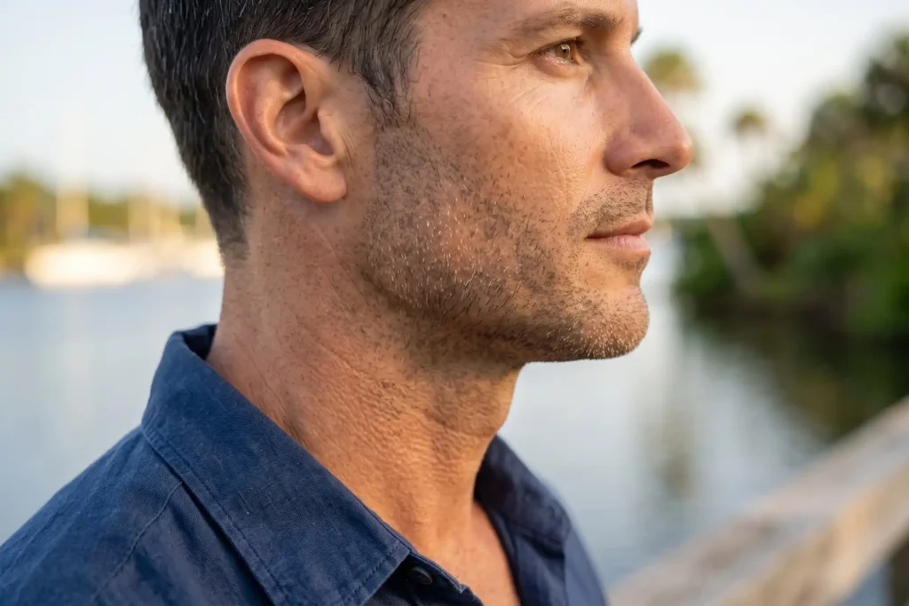 Man with a defined jawline after neck and jawline contouring, outdoors near the Manatee River in Bradenton