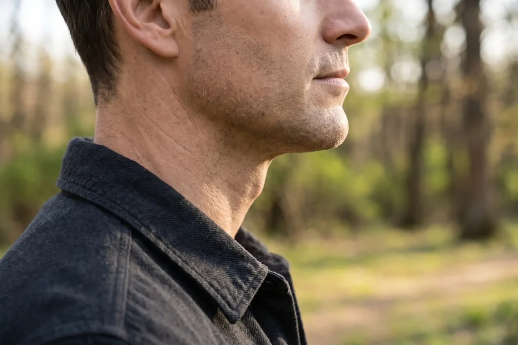 Man's defined jawline and neck showing lasting MyEllevate and FaceTite results