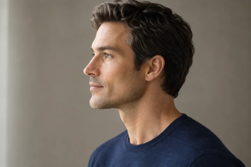 Side profile of a man with a sharp jawline, illustrating neck and jawline contouring goals in Lakewood Ranch