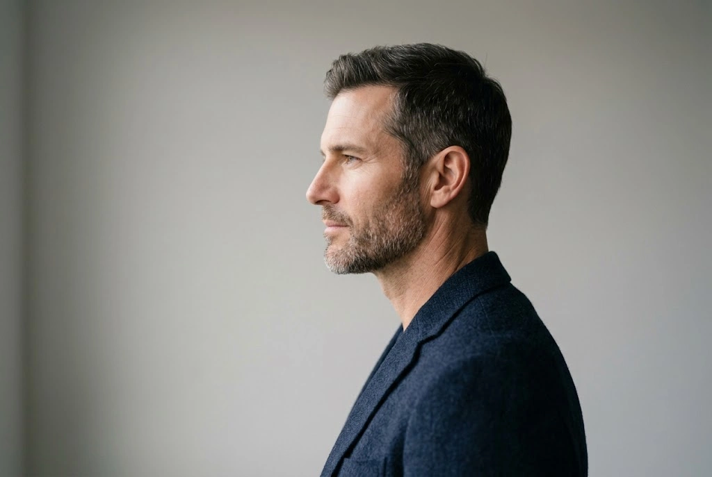 Man in profile with defined jawline after PDO thread lift near Dunedin