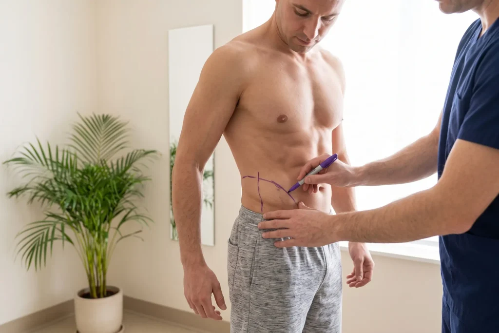 Surgeon marking abdominal contour lines during liposuction planning for East Lake patients