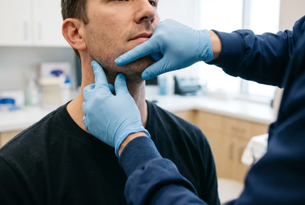 Gloved hands assessing chin projection and jaw angle before jawline filler treatment