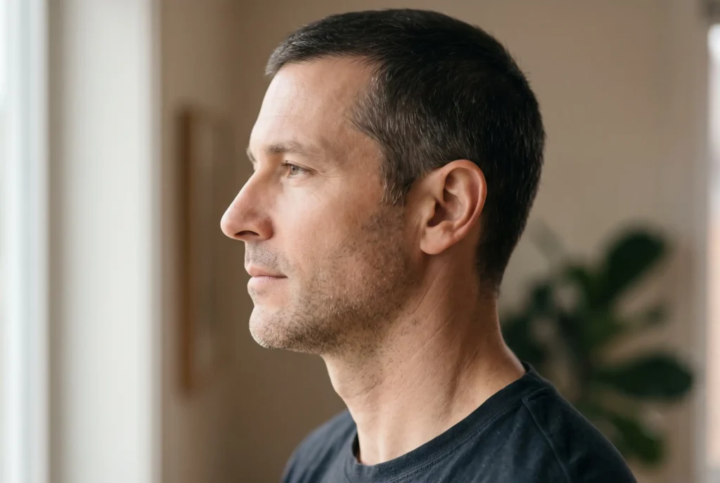 Natural, defined jawline in profile showing a restrained neck liposuction goal