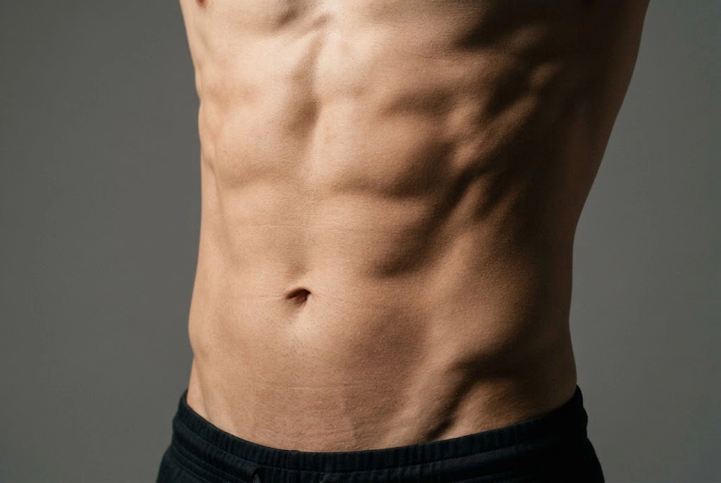Side-lit athletic midsection showing the shadow-based definition that weight gain after HD liposuction softens first