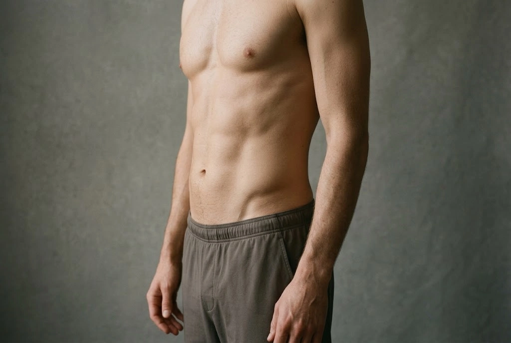 Side light across an athletic torso showing the natural muscle shadows HD liposuction plans around