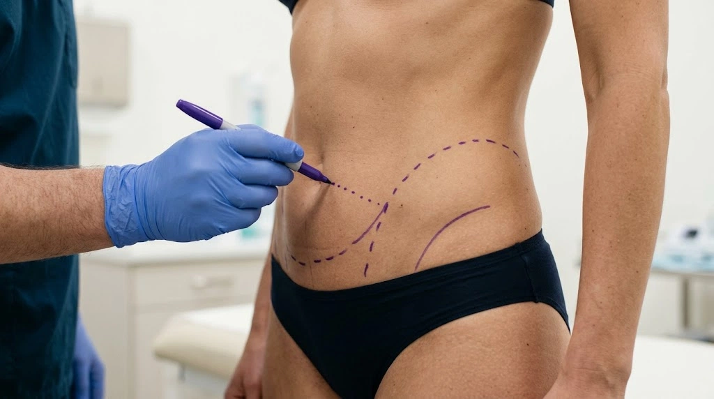 Surgeon marking a patient’s abdomen and flanks before liposuction for a South Westshore patient