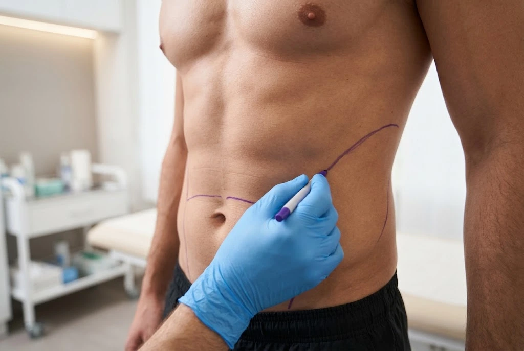 Surgeon marking abdomen and flanks before liposuction for a Trinity patient at Formation in Tampa