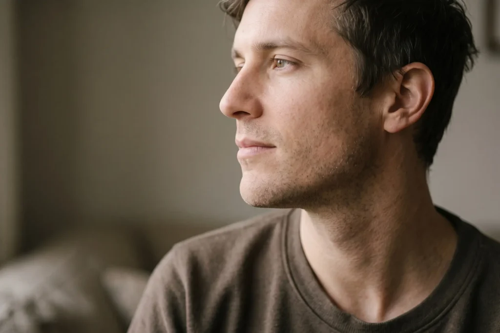 Man in his early thirties in profile, showing the jawline and upper neck a PDO thread lift treats