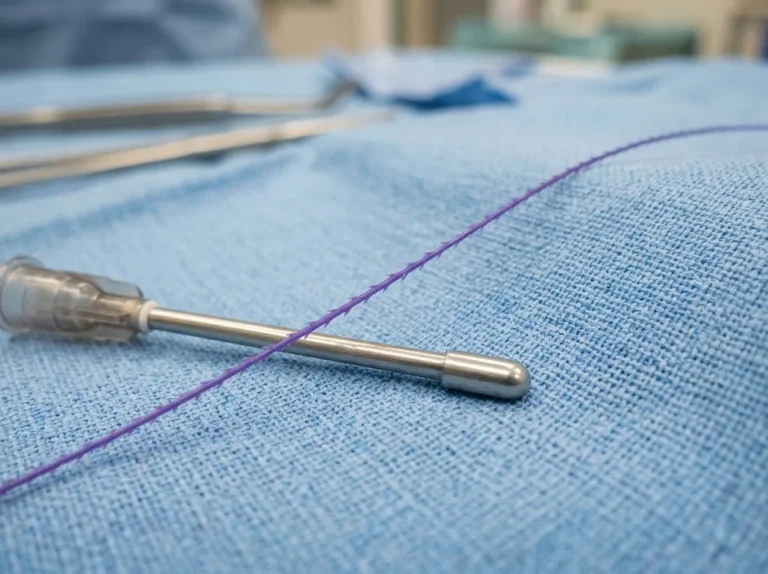 Close-up of a barbed PDO thread showing the small cogs that hold jawline tissue in a higher position