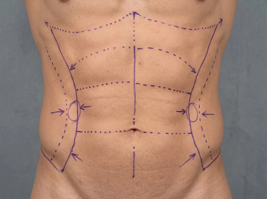 Surgical markings outlining abdominal definition before HD liposuction at Formation near Oldsmar