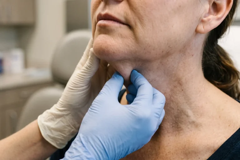 Skin recoil pinch test under the chin to judge whether loose neck skin needs tightening or removal