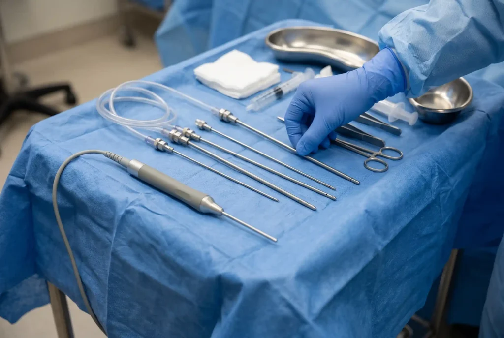 Sterile tray with thin cannulas and a radiofrequency handpiece used for neck liposuction in Tampa