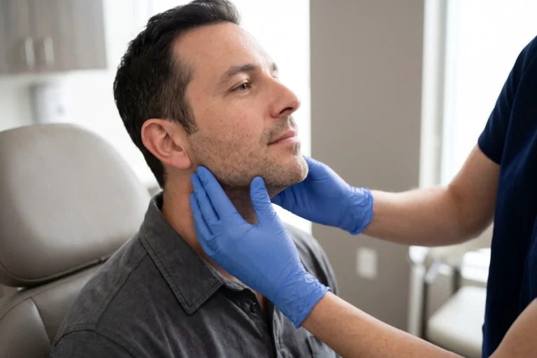 Surgeon assessing jawline and upper neck skin during a FaceTite consultation for an Oldsmar patient