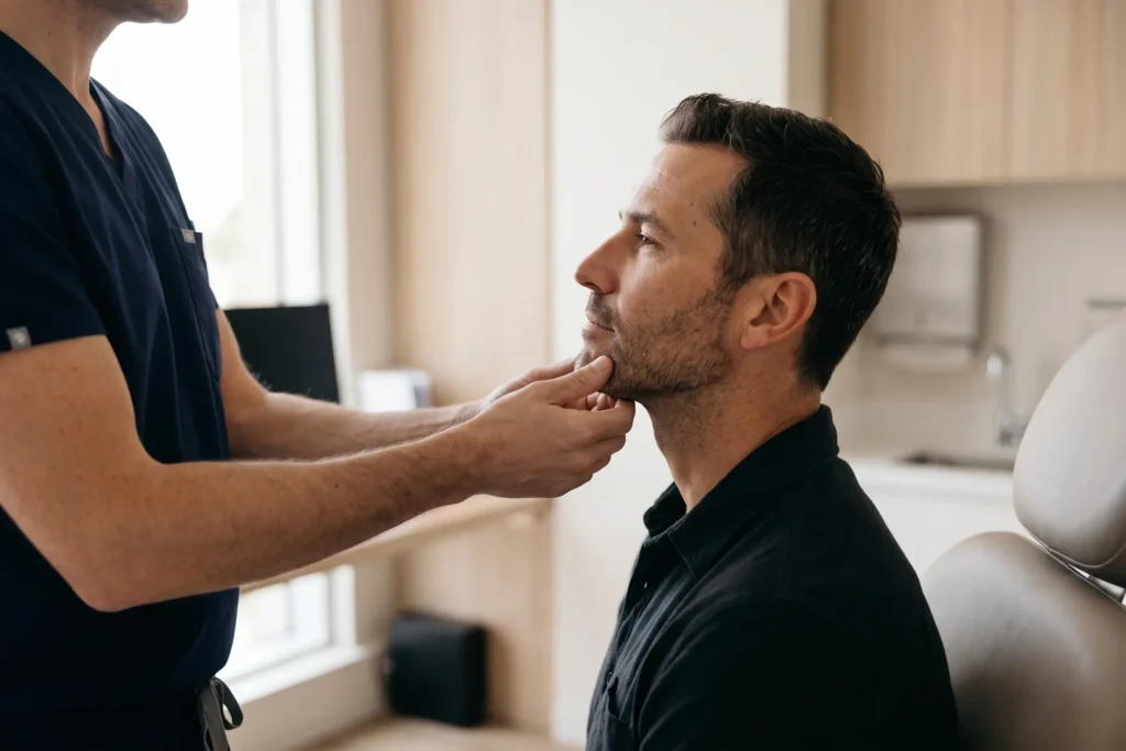 Surgeon examining a man's jawline before neck liposuction, consultation for Ruskin patients