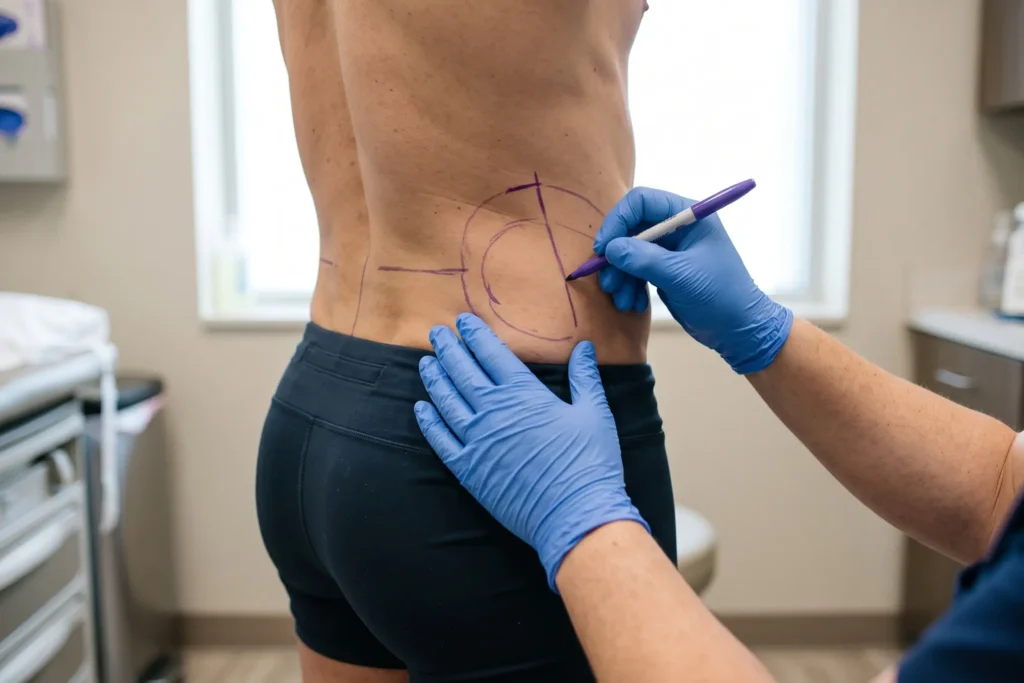 Surgeon marking flank contour lines during liposuction planning for a Safety Harbor patient