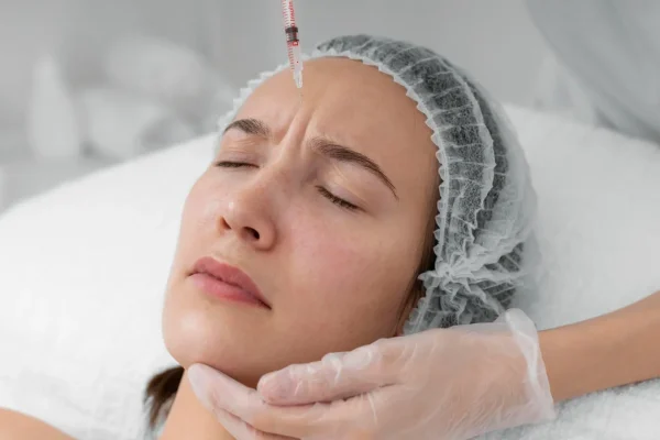 Woman being injected with Botox on her forehead lines