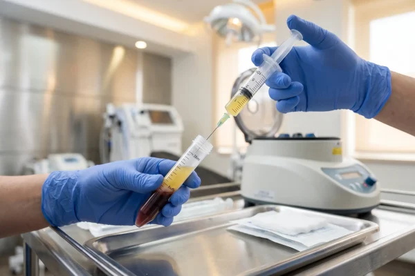 A provider drawing platelet-rich plasma from centrifuge for PRP injection
