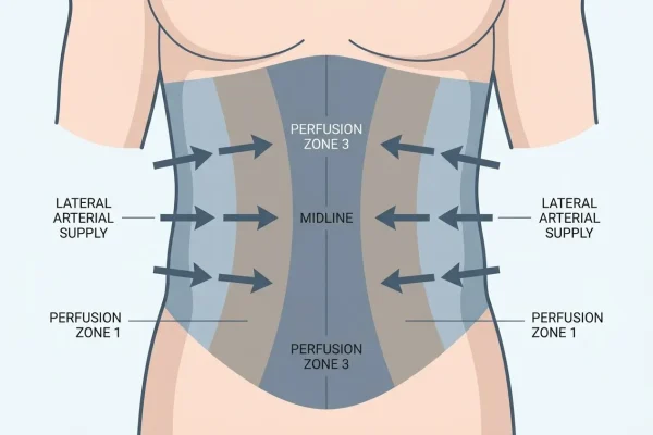 Abdominal blood supply zones that control tummy tuck incision healing speed
