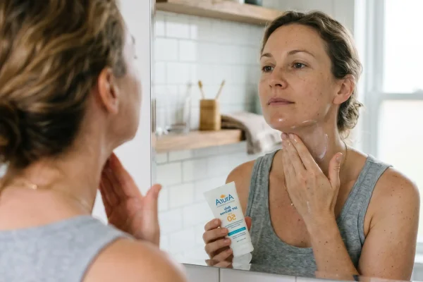 Adult applying sunscreen under the chin to support skin elasticity naturally