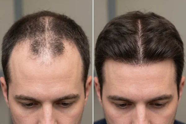 Before and after frontal hairline density from PRP hair treatment