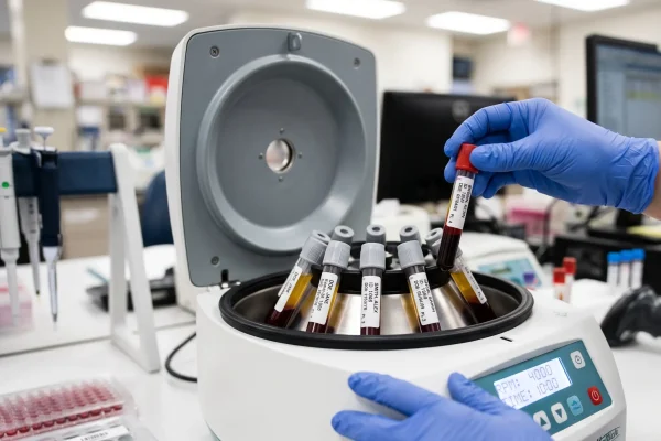 Centrifuge separating platelets and plasma during PRP preparation