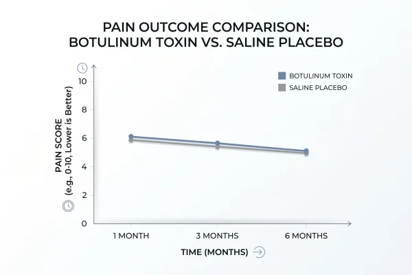 Chart comparing botulinum toxin and placebo outcomes for TMJ pain over six months