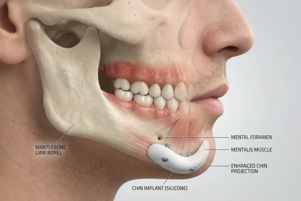 Chin implant placed over the jaw bone illustrating added projection from chin augmentation