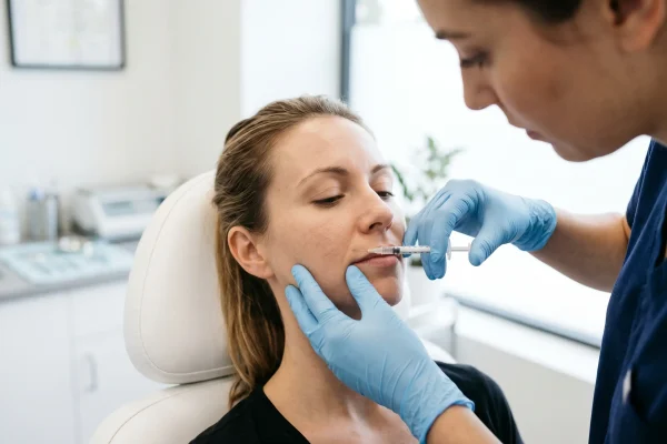 Clinician injecting Botox near the mouth during a smile lines treatment