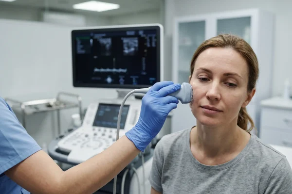 Clinician measuring skin density with ultrasound during a skin assessment