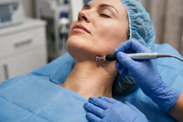 Close-up of a radiofrequency handpiece tightening skin along the jawline