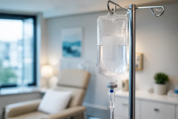 Close-up of an NAD+ IV drip used for energy and fat metabolism support