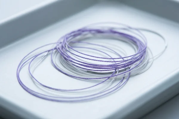 Close-up of fine absorbable PDO threads used to treat marionette lines