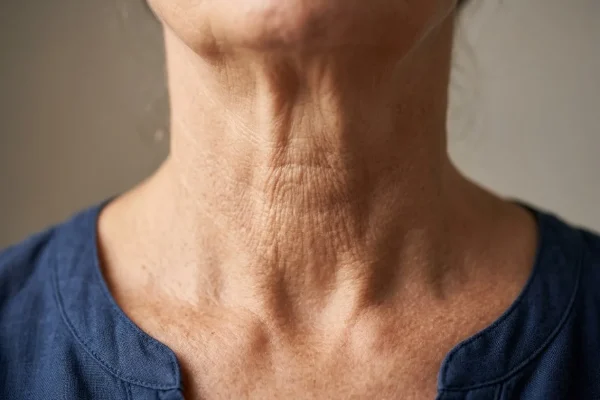 Close-up of mild neck laxity and bands treated with non-surgical neck rejuvenation