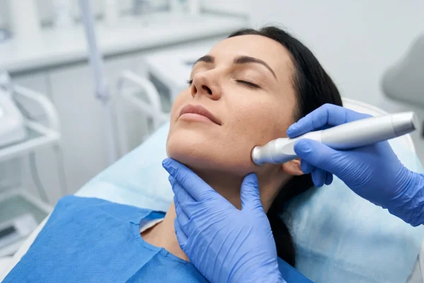 Close-up of minimally invasive radiofrequency skin tightening along the jawline and neck