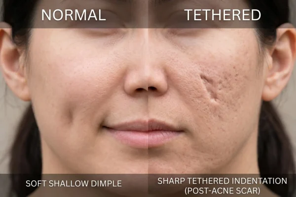 Comparison of normal soft thread puckering versus a sharp tethered dimple